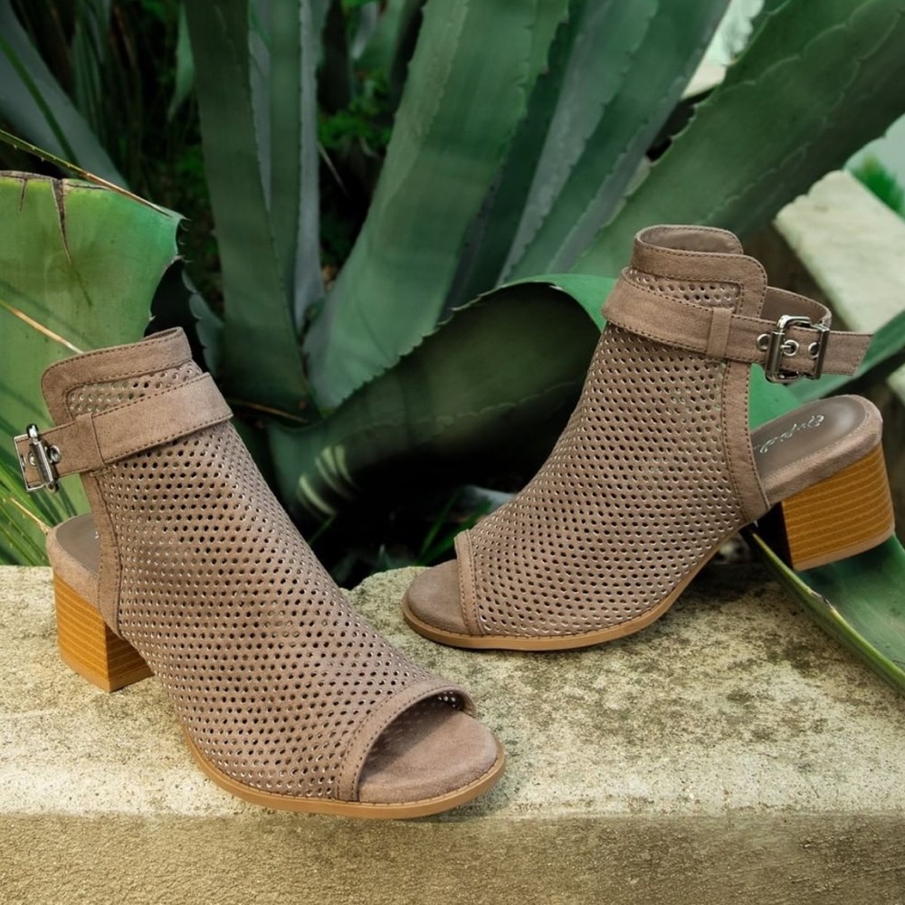 Qupid Doria Taupe Perforated Heeled Mule - Picture 3 of 8